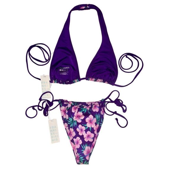 Frankies Bikinis Harlow Shine Halter Top & Tia Satin Bottom Purple Hibiscus LRG - Picture 3 of 14